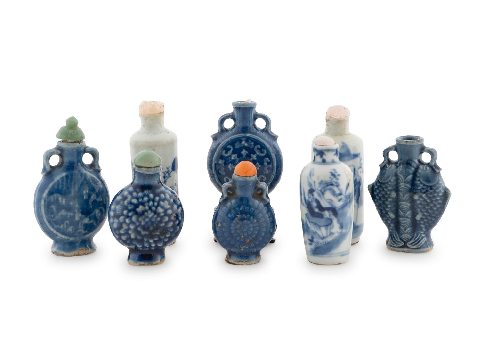 A Group of Eight Chinese Blue and White Porcelain Snuff Bottles
