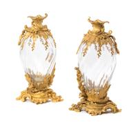 A Pair of French Gilt Bronze Mounted Molded Glass Vases, Height 18 3/4 inches.