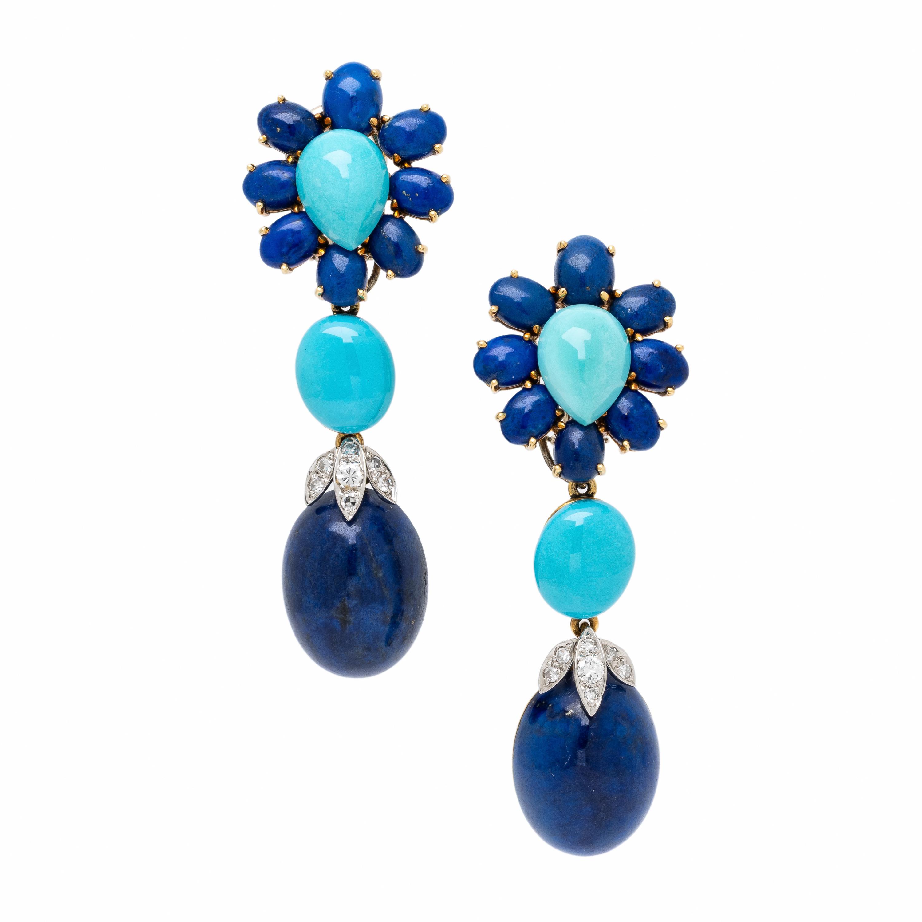 Turquoise, Lapis Lazuli, and Diamond Convertible Earrings