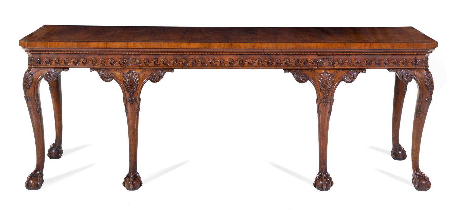 A George III Style Burl Walnut Console Table Height 33 1/2 x width 93 x depth 28 inches. — G. JETLEY, LONDON, CIRCA 1930s