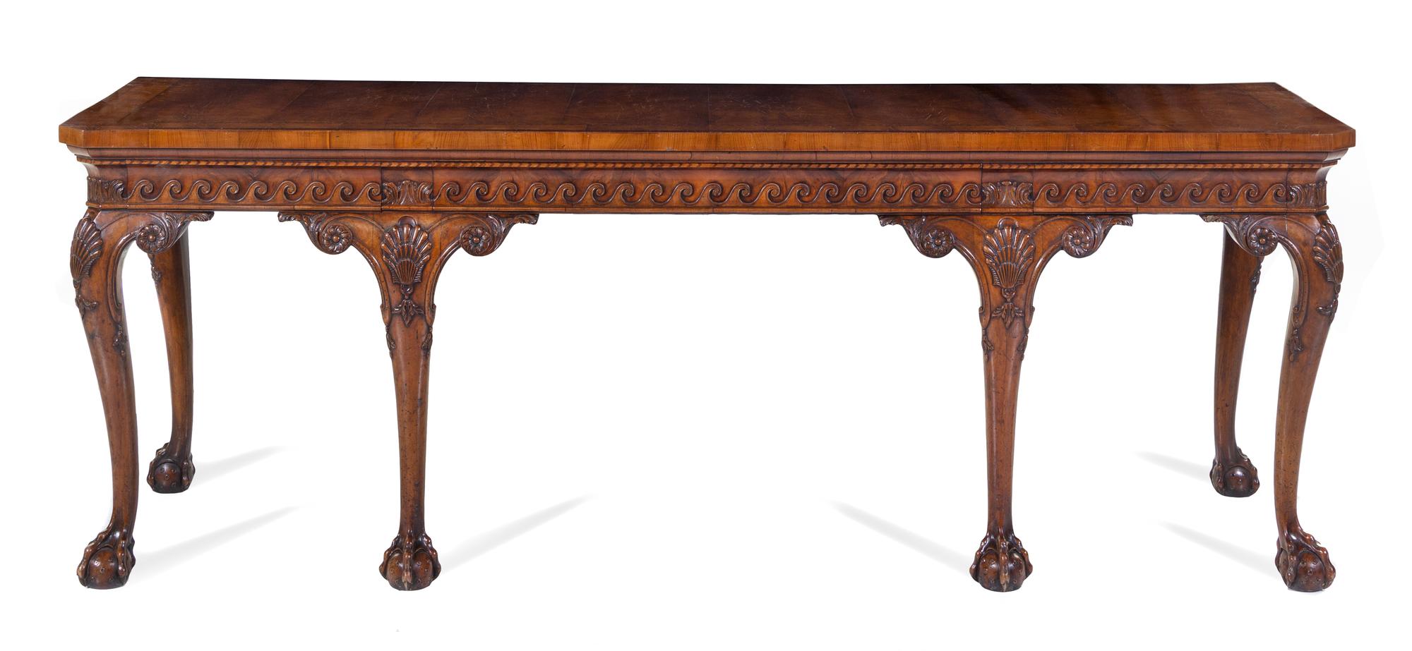 A George III Style Burl Walnut Console Table Height 33 1/2 x width 93 x depth 28 inches. — G. JETLEY, LONDON, CIRCA 1930s