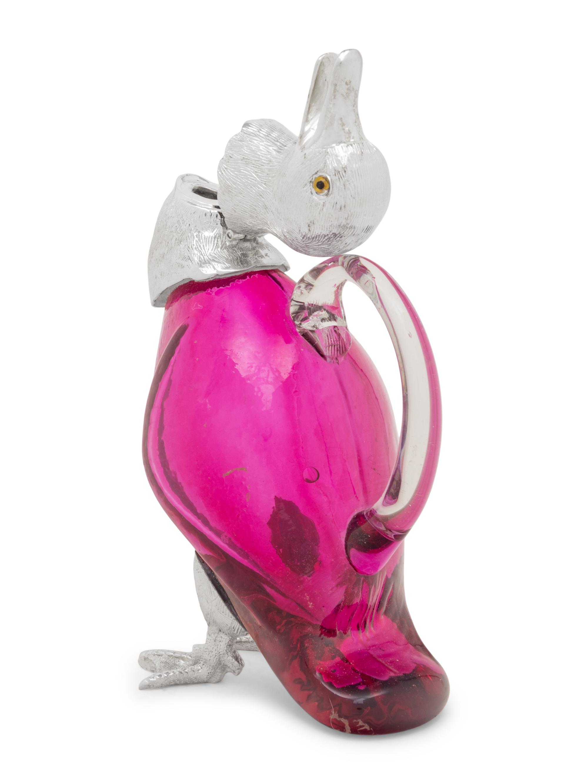 A Silver-Plate and Pink Glass Duck Decanter