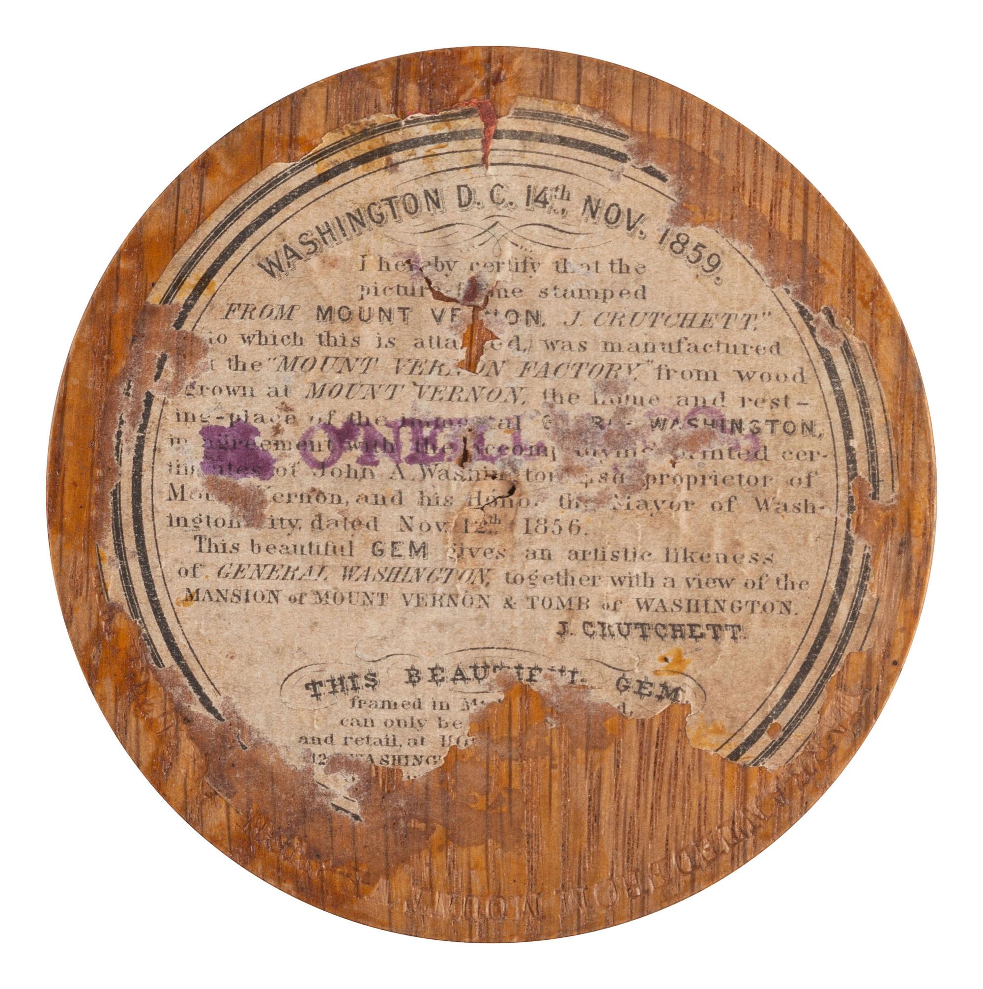 [POLITICS]. Engraving of George Washington displayed in wood medallion from Mount Vernon.