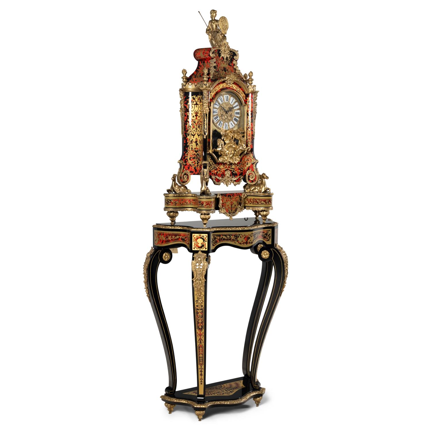 A Large Louis XIV Style Boulle Marquetry and Gilt Metal Mounted Clock and Stand