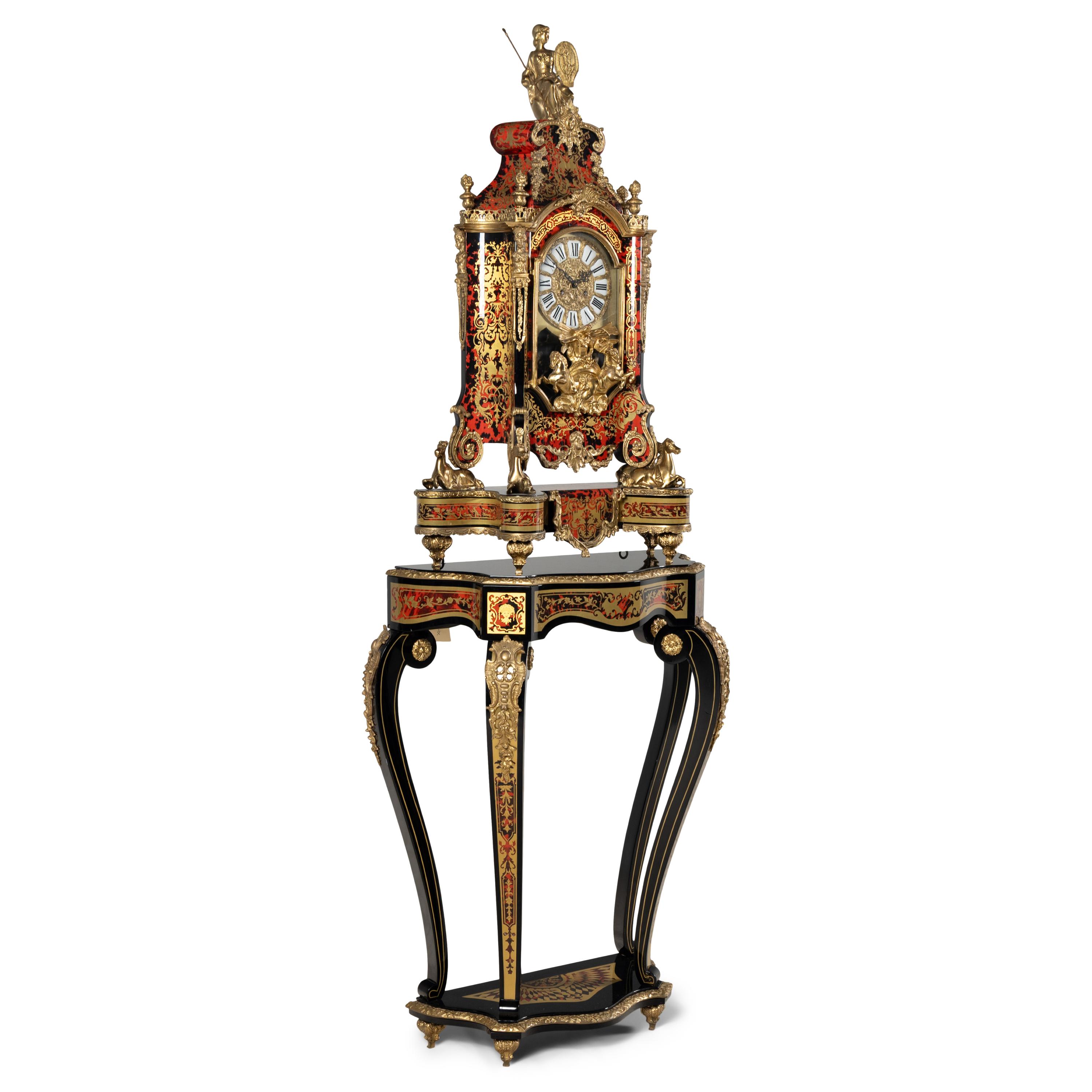 A Large Louis XIV Style Boulle Marquetry and Gilt Metal Mounted Clock and Stand