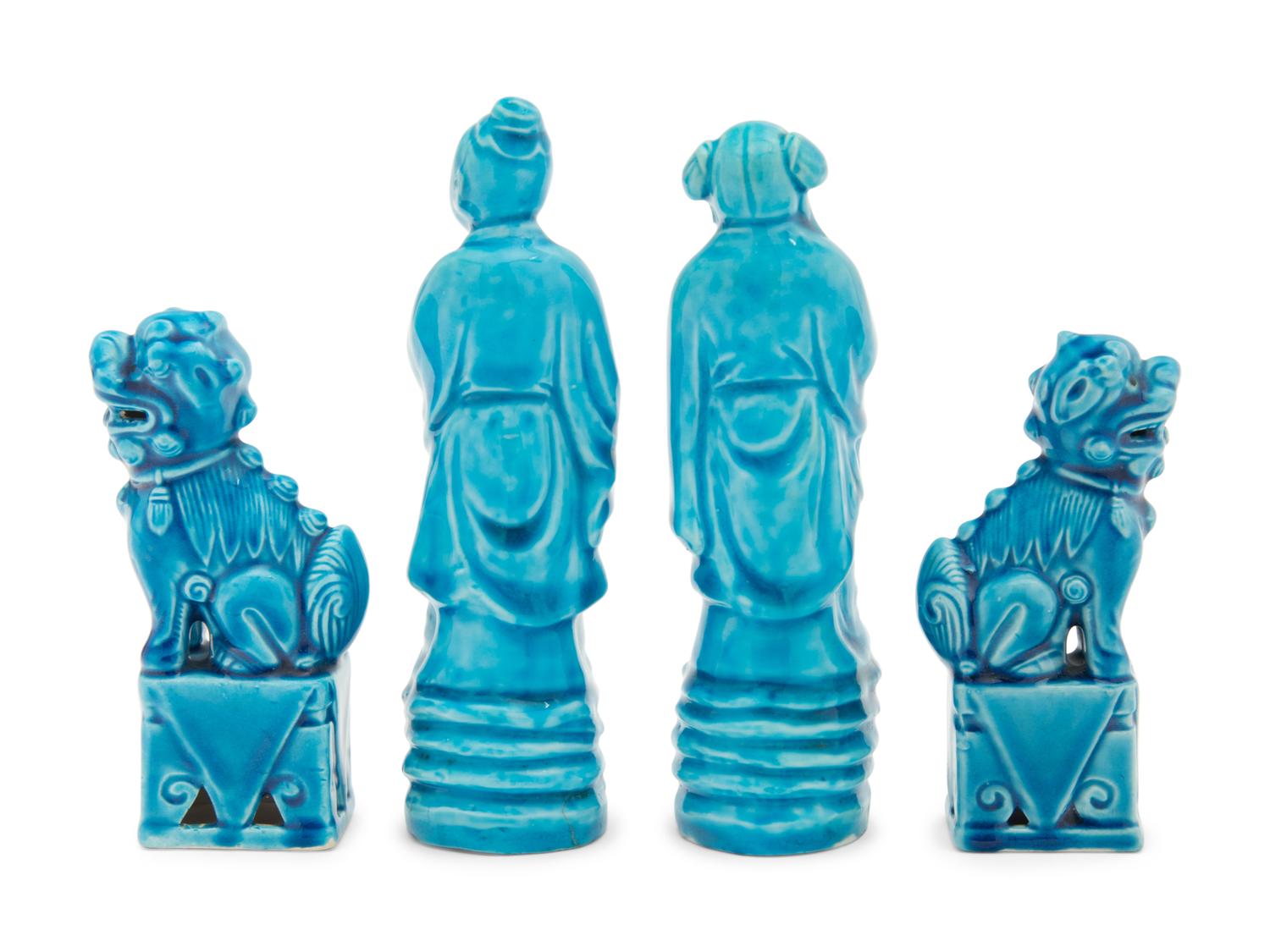 Two Pairs of Chinese Turquoise Glazed Porcelain Figures