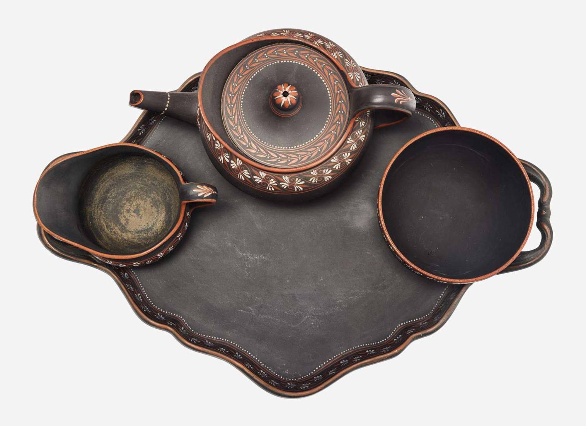 An Assembled Wedgwood Encaustic Decorated Black Basalt Tea Set, UK, circa 1790-1800
