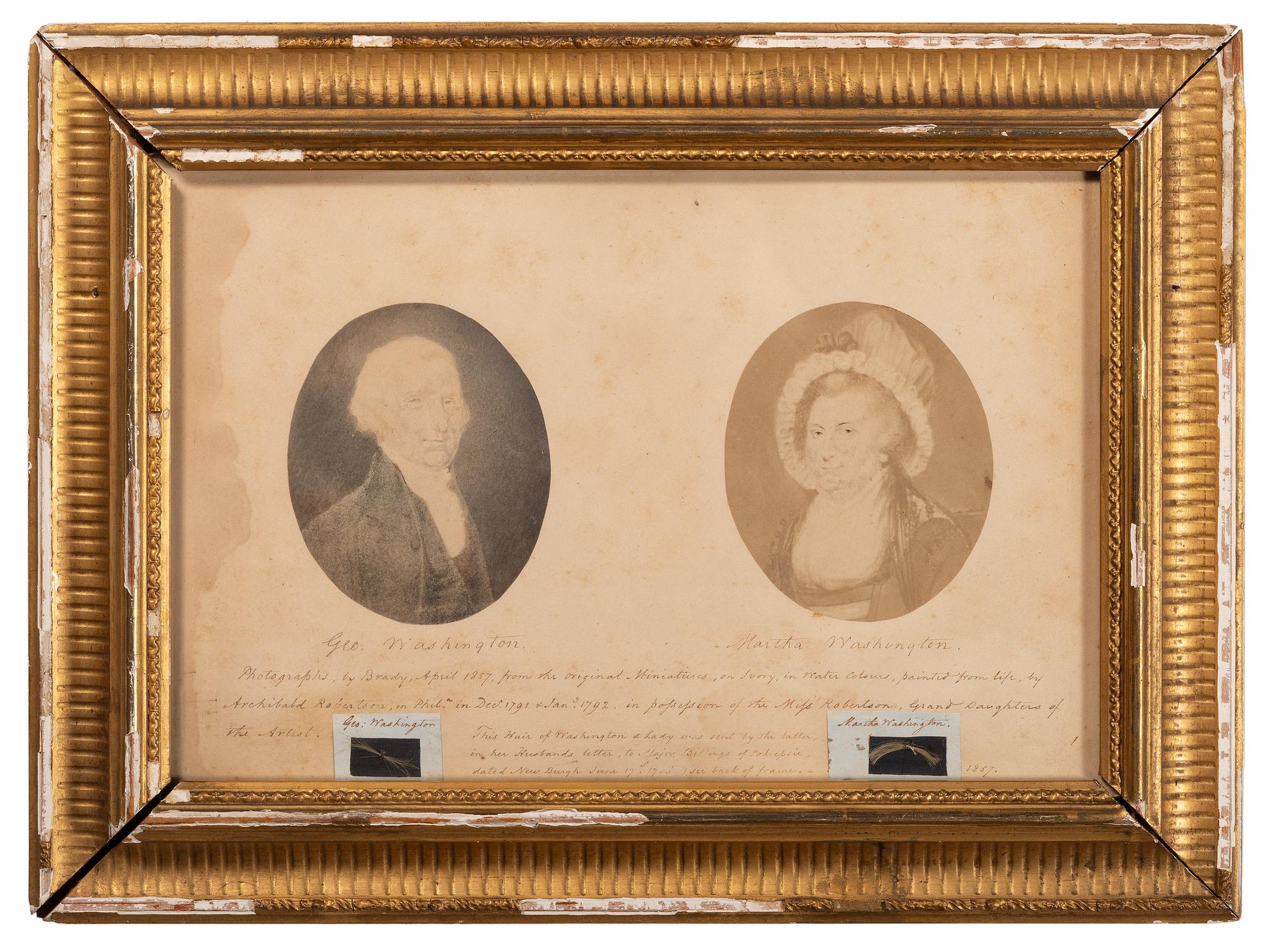 [POLITICS]. WASHINGTON, George (1732-1799) and Martha Dandridge Custis WASHINGTON (1731-1802). Locks of hair of George and Martha Washington in 1857 presentation with provenance inscription and portraits.