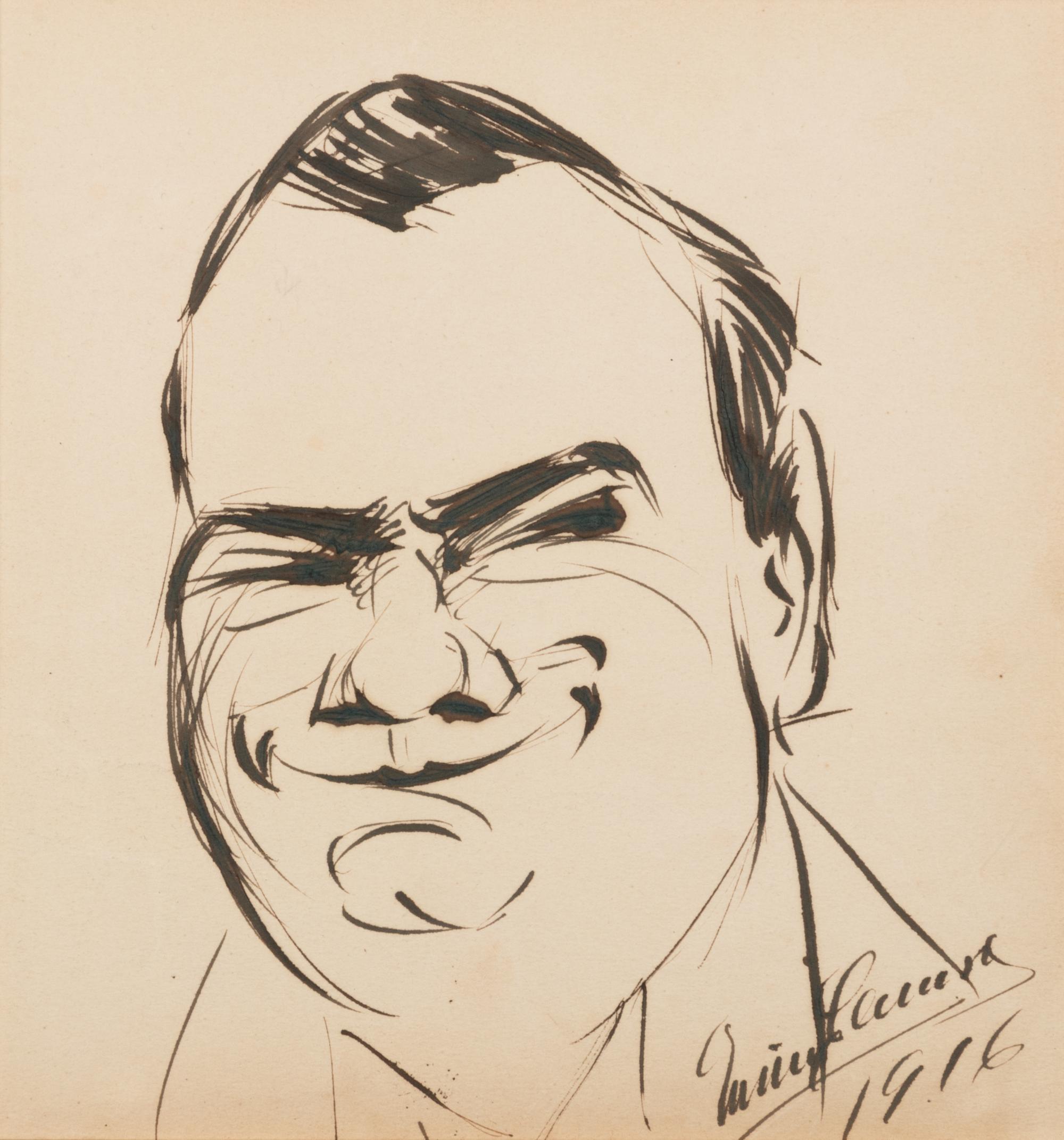 CARUSO, Enrico (1873-1921). Original drawing, self portrait caricature, in pen and ink, signed and dated lower right ("Enrico Caruso 1916").