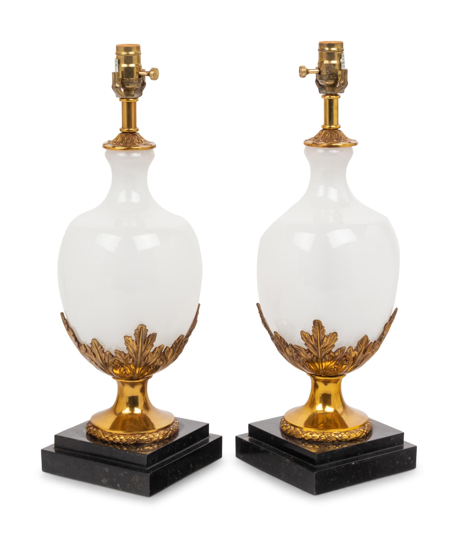 A Pair of Gilt Metal Mounted Opaline Glass Vases Mounted as Lamps