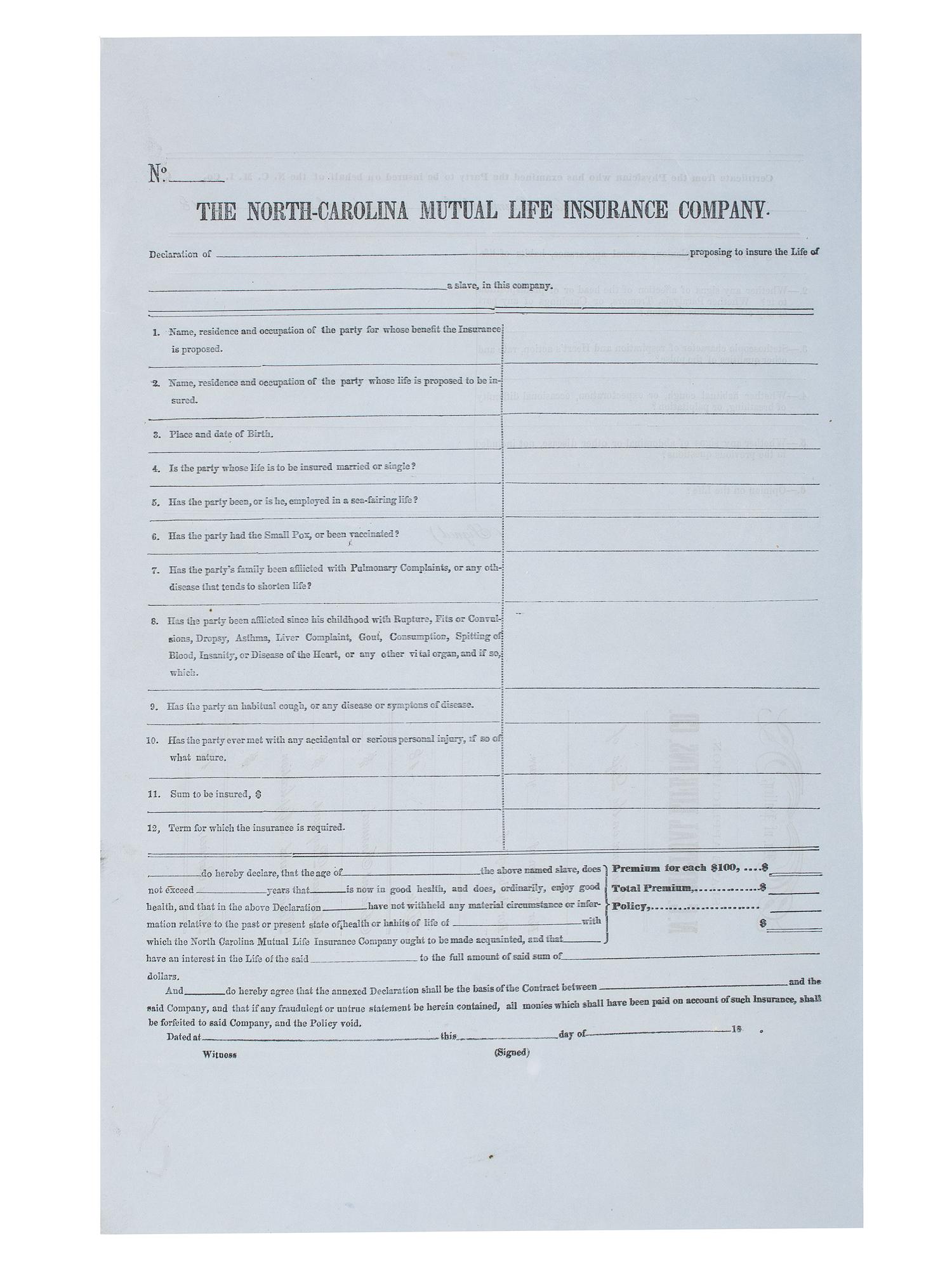 [SLAVERY & ABOLITION]. A group of 2 documents related to the enslavement of individuals in the Carolinas, including a rare North-Carolina Mutual Life Insurance Company form used to insure the life of an enslaved person.