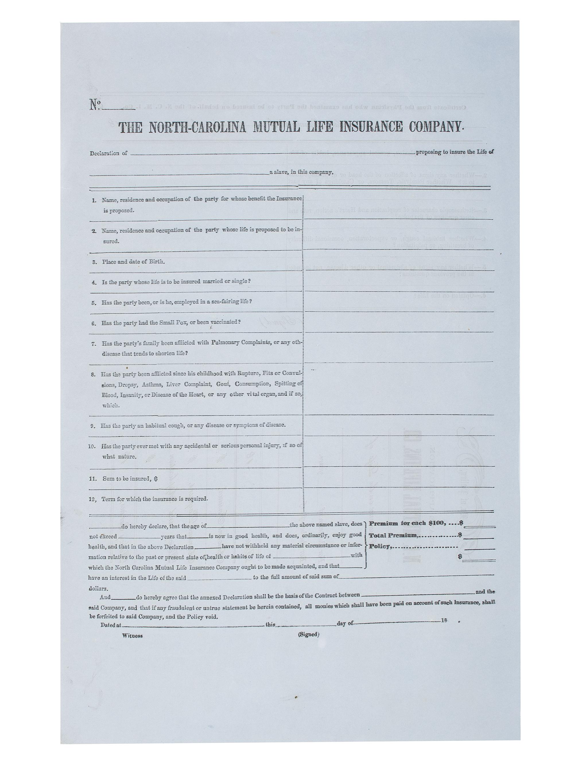 [SLAVERY & ABOLITION]. A group of 2 documents related to the enslavement of individuals in the Carolinas, including a rare North-Carolina Mutual Life Insurance Company form used to insure the life of an enslaved person.