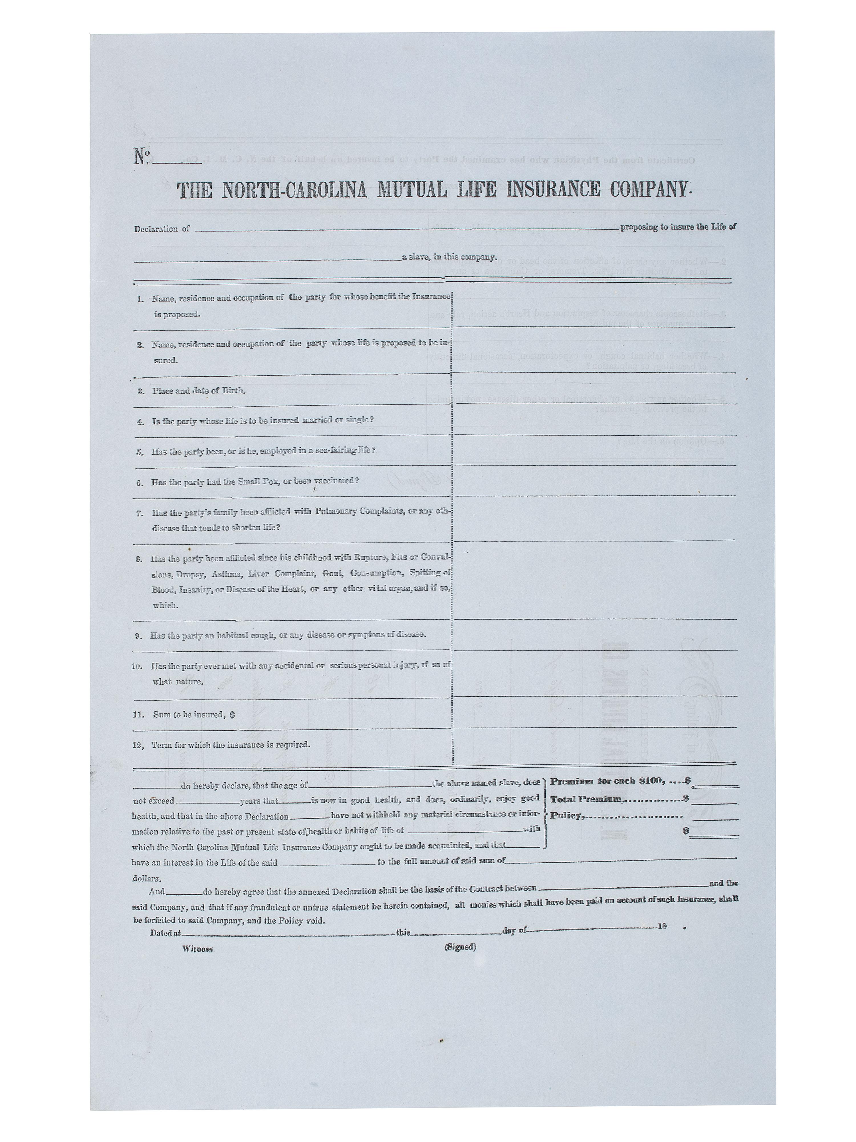 [SLAVERY & ABOLITION]. A group of 2 documents related to the enslavement of individuals in the Carolinas, including a rare North-Carolina Mutual Life Insurance Company form used to insure the life of an enslaved person.