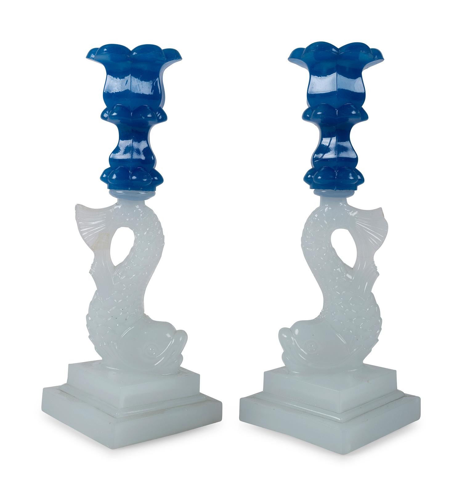 A Pair of Sandwich Glass Dolphin Candlesticks