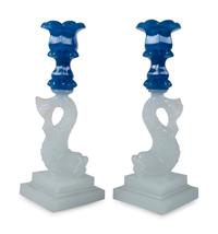 A Pair of Sandwich Glass Dolphin Candlesticks