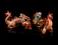 A Pair of Chinese Coral-Ground Gilt and Green Enameled Porcelain Dragons