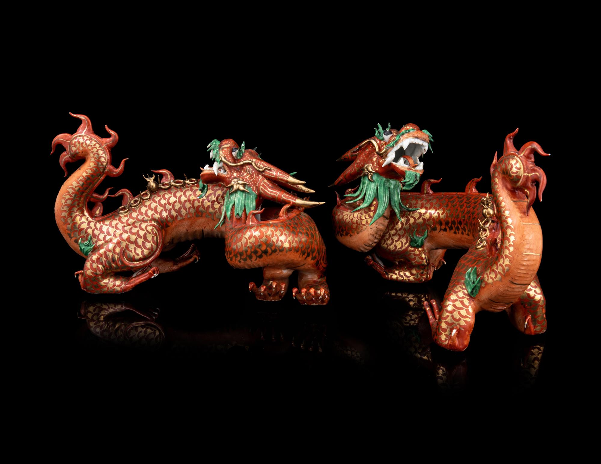 A Pair of Chinese Coral-Ground Gilt and Green Enameled Porcelain Dragons