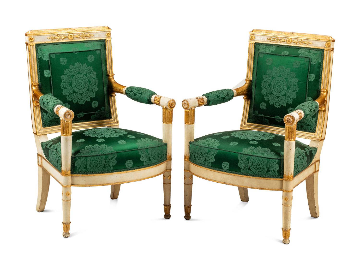 A Pair of Directoire White-Painted and Parcel Gilt Fauteuils
