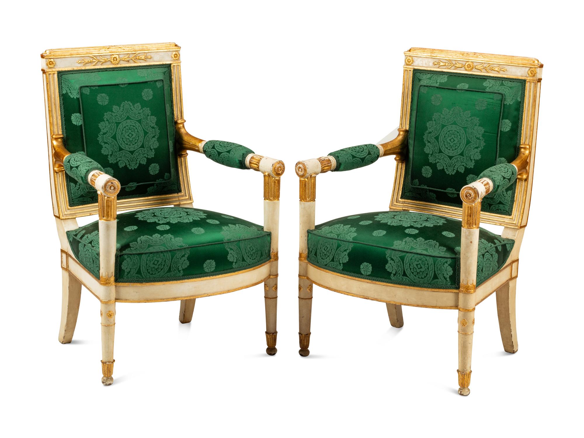 A Pair of Directoire White-Painted and Parcel Gilt Fauteuils