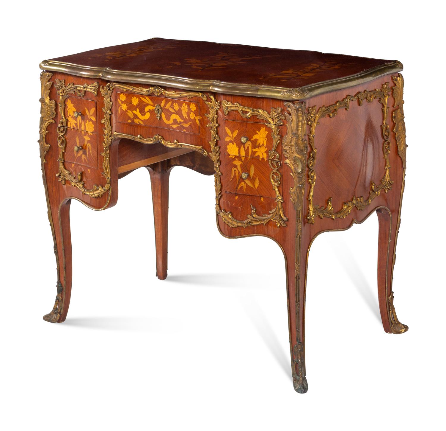 A Louis XV Style Gilt Bronze Mounted Marquetry Desk