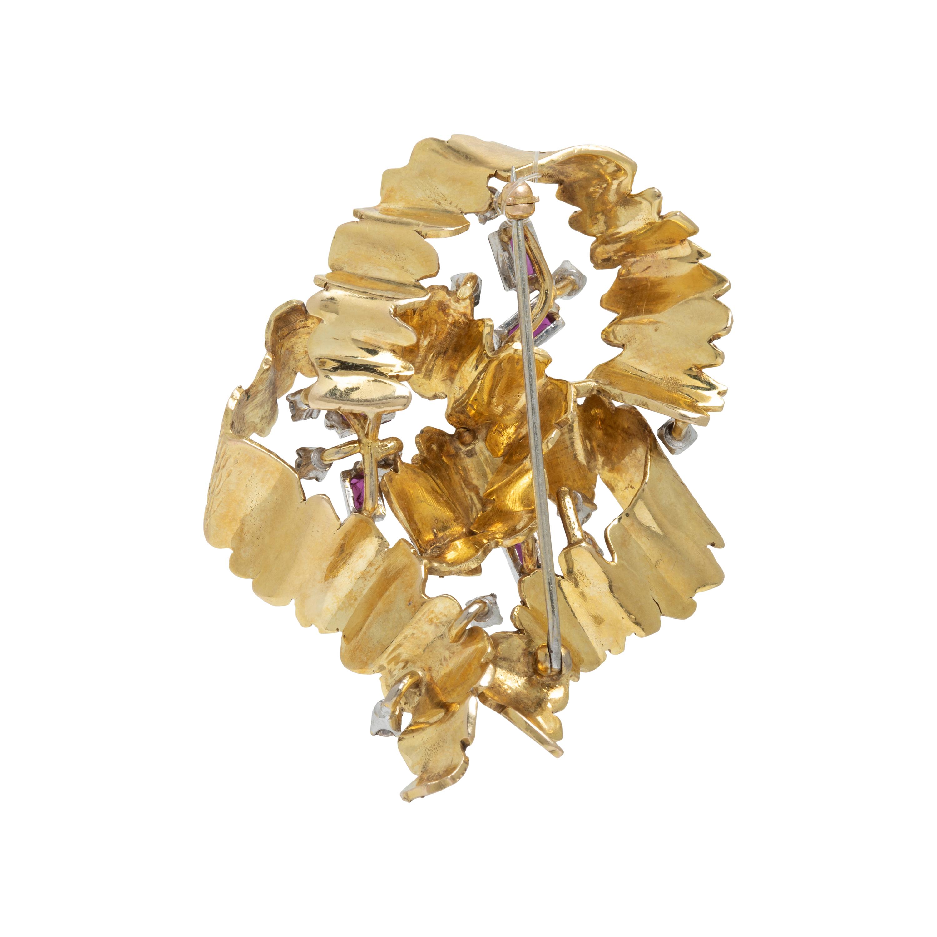 Diamond, Ruby, and Yellow Gold Modernist Brooch