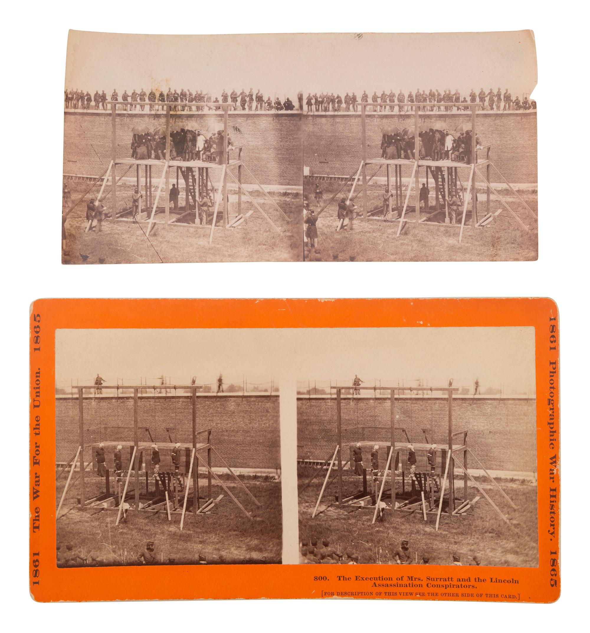 [LINCOLN, Abraham (1809-1865)]. [GARDNER, Alexander (1821-1882), photographer]. A group of 2 stereoviews of the execution of Mrs. Surratt and the Lincoln Assassination Conspirators. Hartford, CT: Taylor & Huntington, ca 1890s.