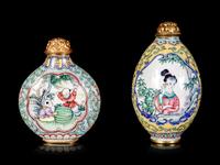 Two Chinese Painted Canton Enamel on Copper Snuff Bottles