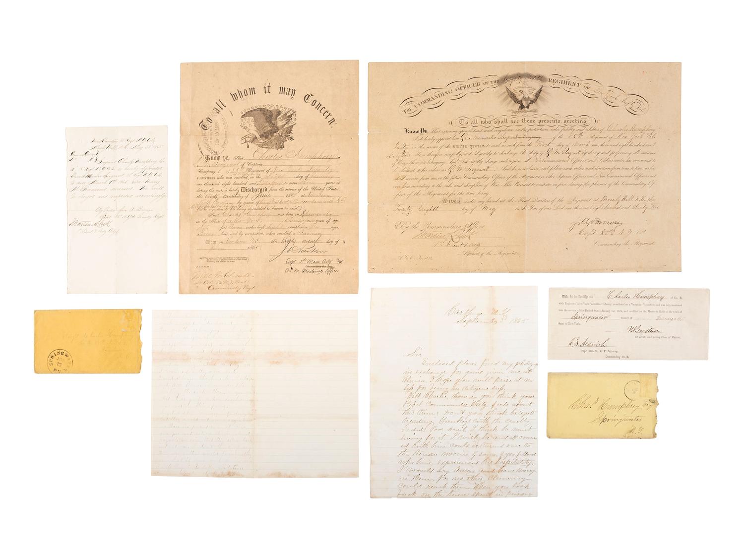 [CIVIL WAR]. Extensive archive of Charles H. Humphrey, 85th New York Infantry, highlighted by his 1864 and 1865 diaries while a POW at Andersonville, Charleston, and Florence.