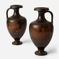 A Pair of Wedgwood Black Basalt Handled Vases with Red Figure Decoration UK, circa 1860