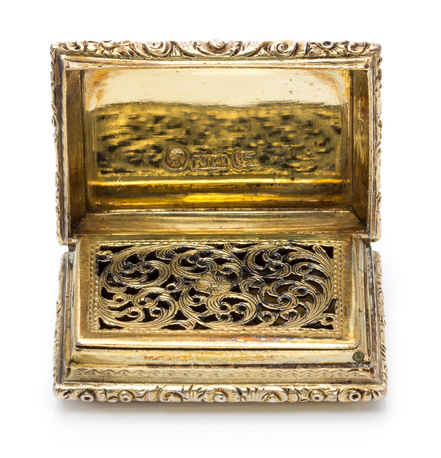 A Victorian Silver-Gilt Vinaigrette, Nathaniel Mills, Birmingham, Mid-19th Century, the lid with applied floral and foliate decoration