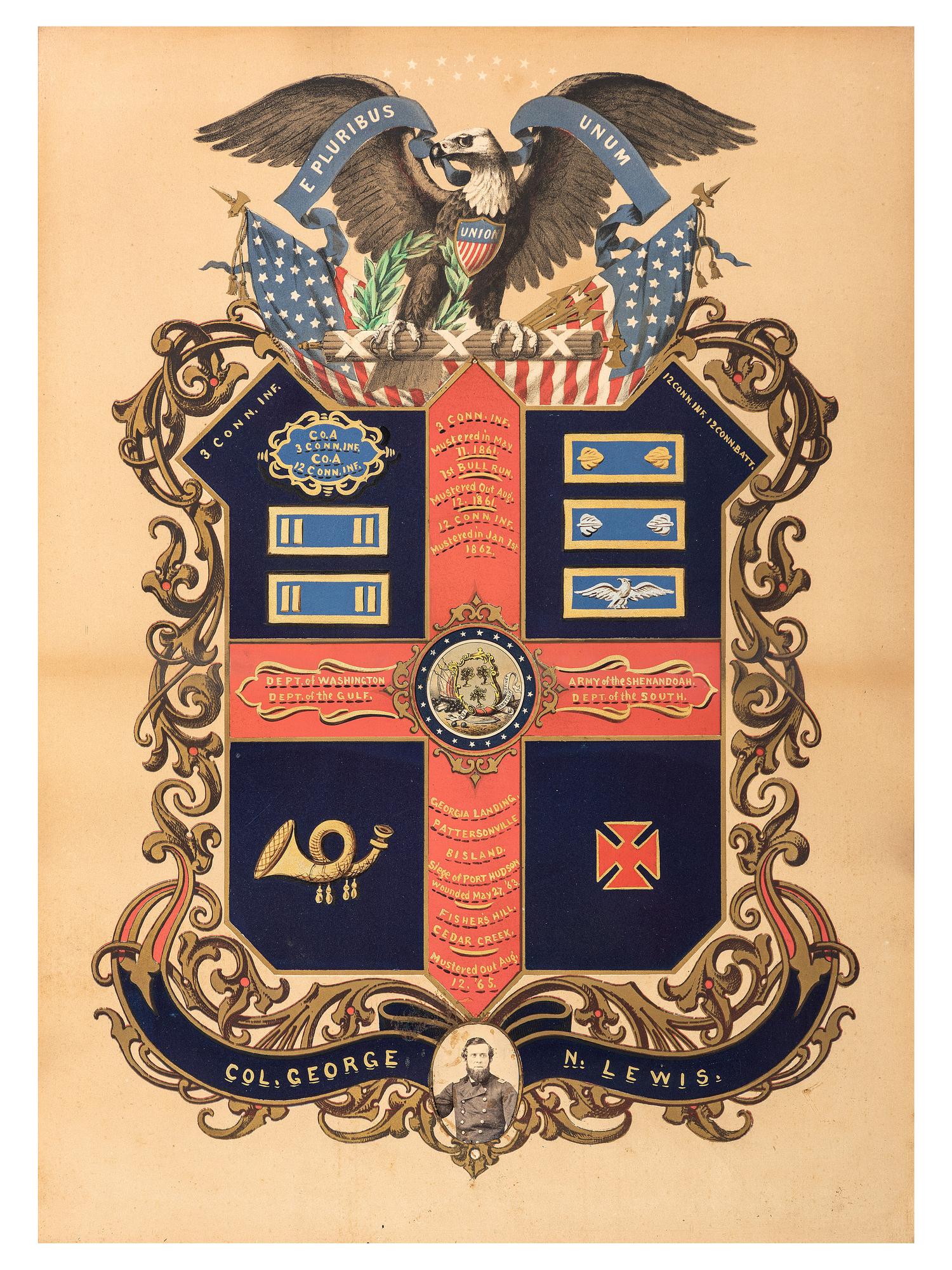 [CIVIL WAR]. Escutcheon with albumen portrait identified to Colonel George N. Lewis, 3rd Connecticut Infantry,12th Connecticut Infantry and Battalion Infantry, WIA Port Hudson, LA.