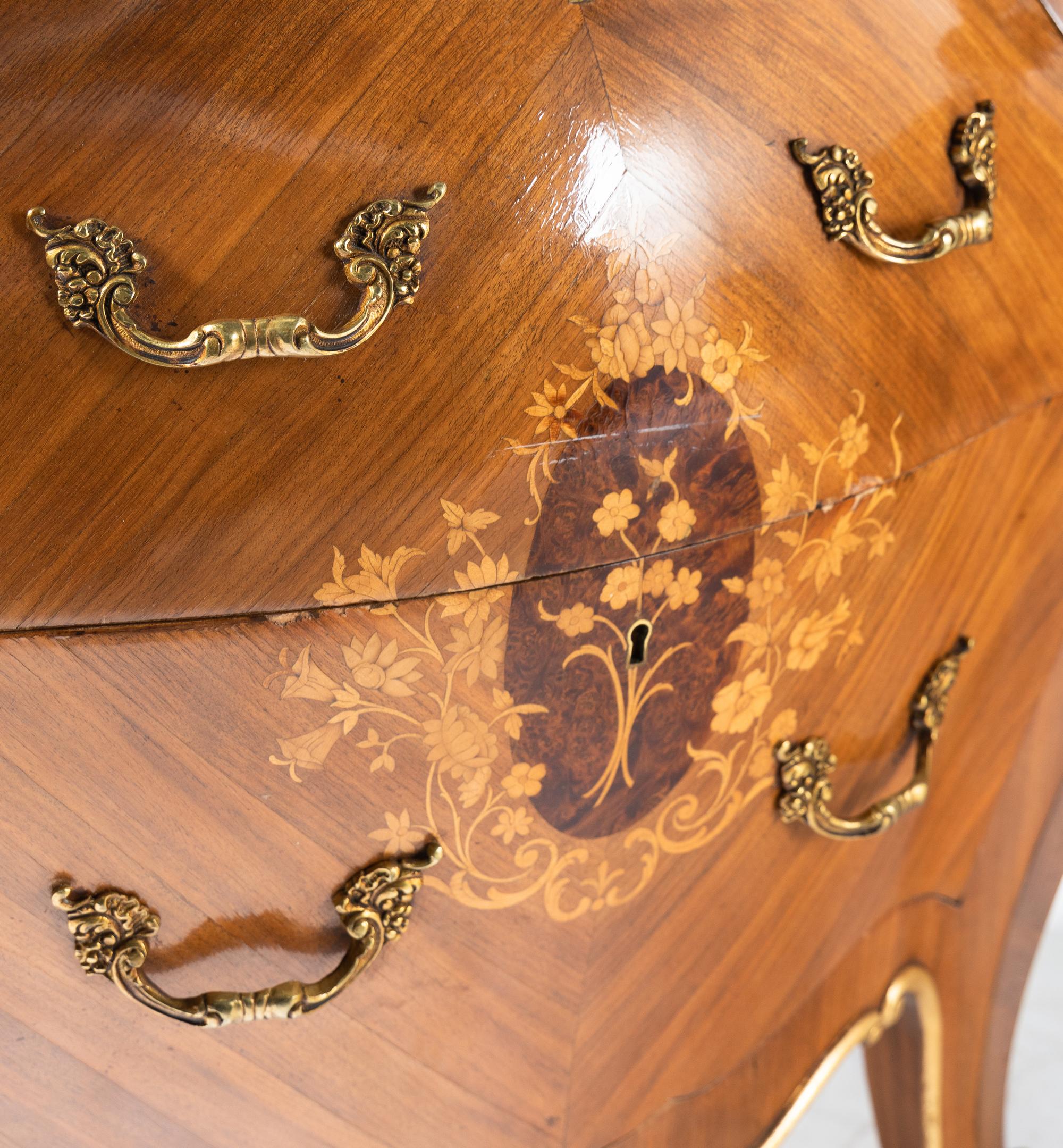 A Pair of Louis XV Style Marquetry Marble-Top Commodes