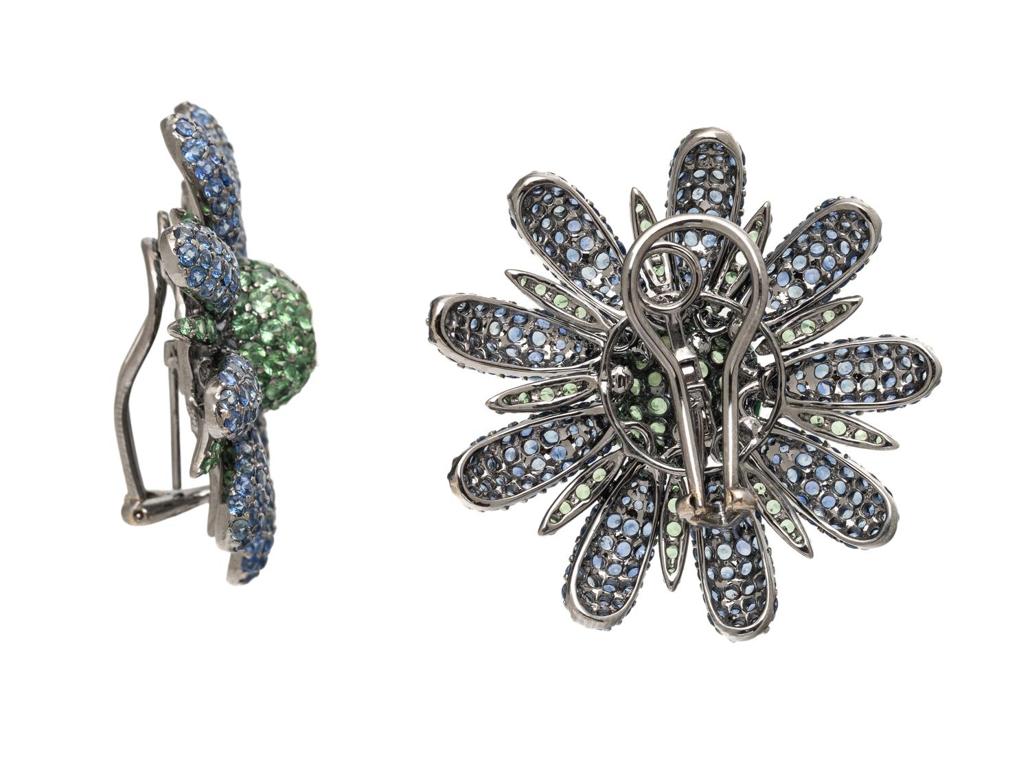 TSAVORITE GARNET, SAPPHIRE, AND BLACKENED GOLD FLOWER EARRINGS