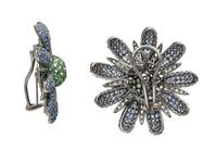 TSAVORITE GARNET, SAPPHIRE, AND BLACKENED GOLD FLOWER EARRINGS