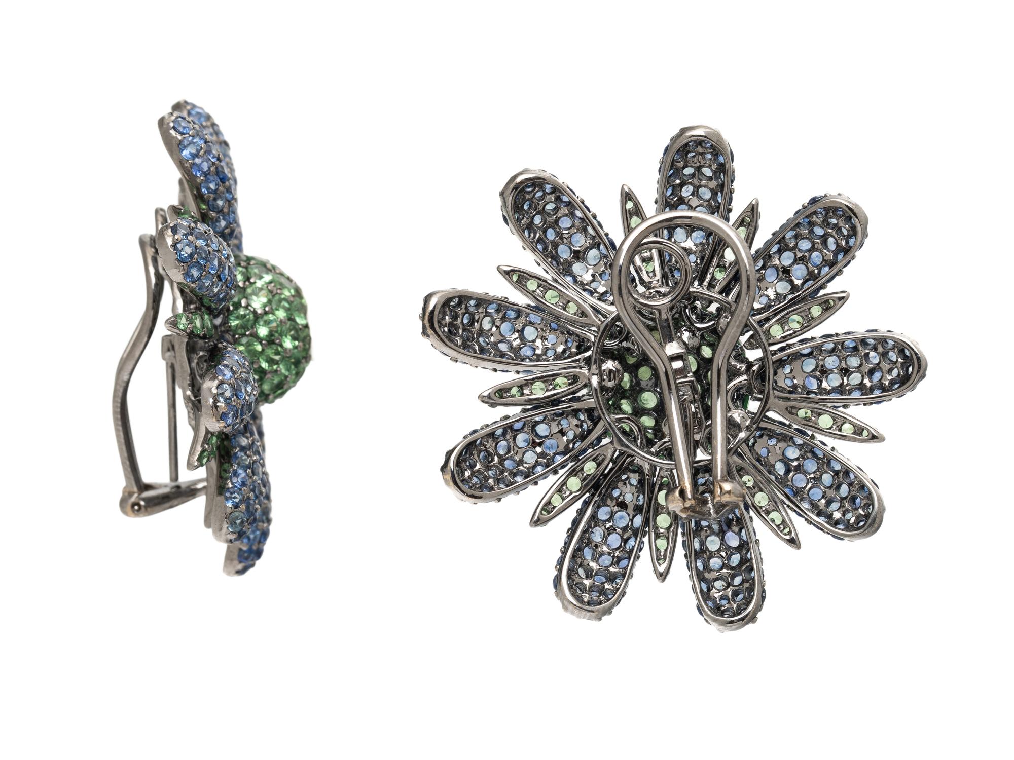 TSAVORITE GARNET, SAPPHIRE, AND BLACKENED GOLD FLOWER EARRINGS