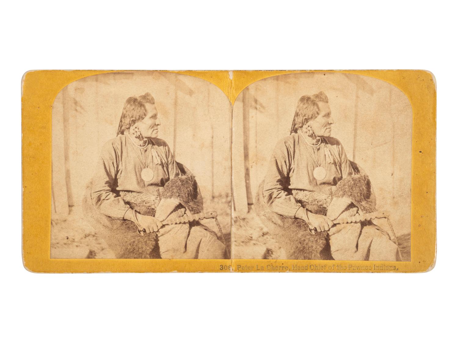 [NATIVE AMERICANS]. Stereoview of Peter La Cherre, Head Chief of the Pawnee Indians by CARBUTT.