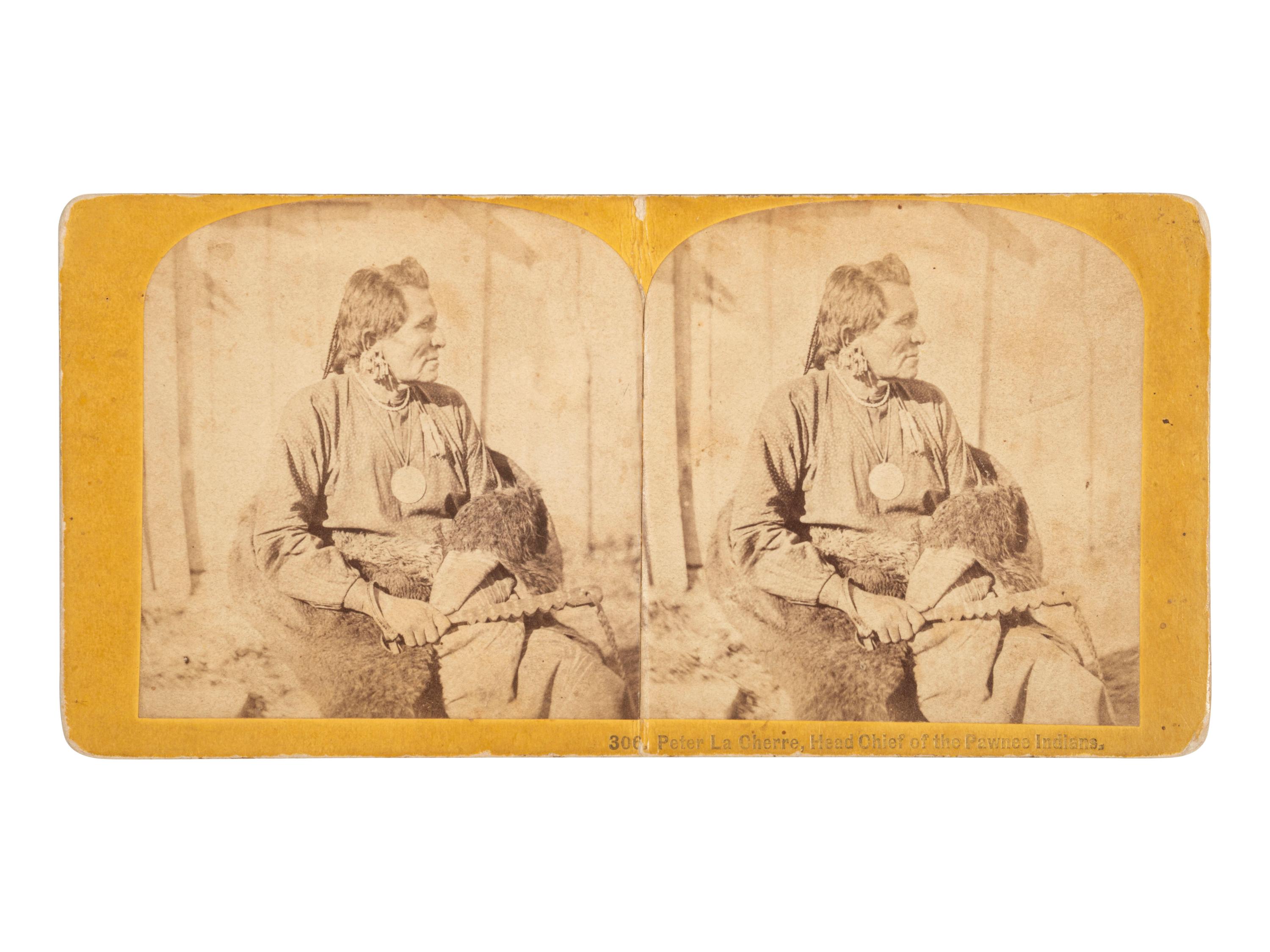 [NATIVE AMERICANS]. Stereoview of Peter La Cherre, Head Chief of the Pawnee Indians by CARBUTT.