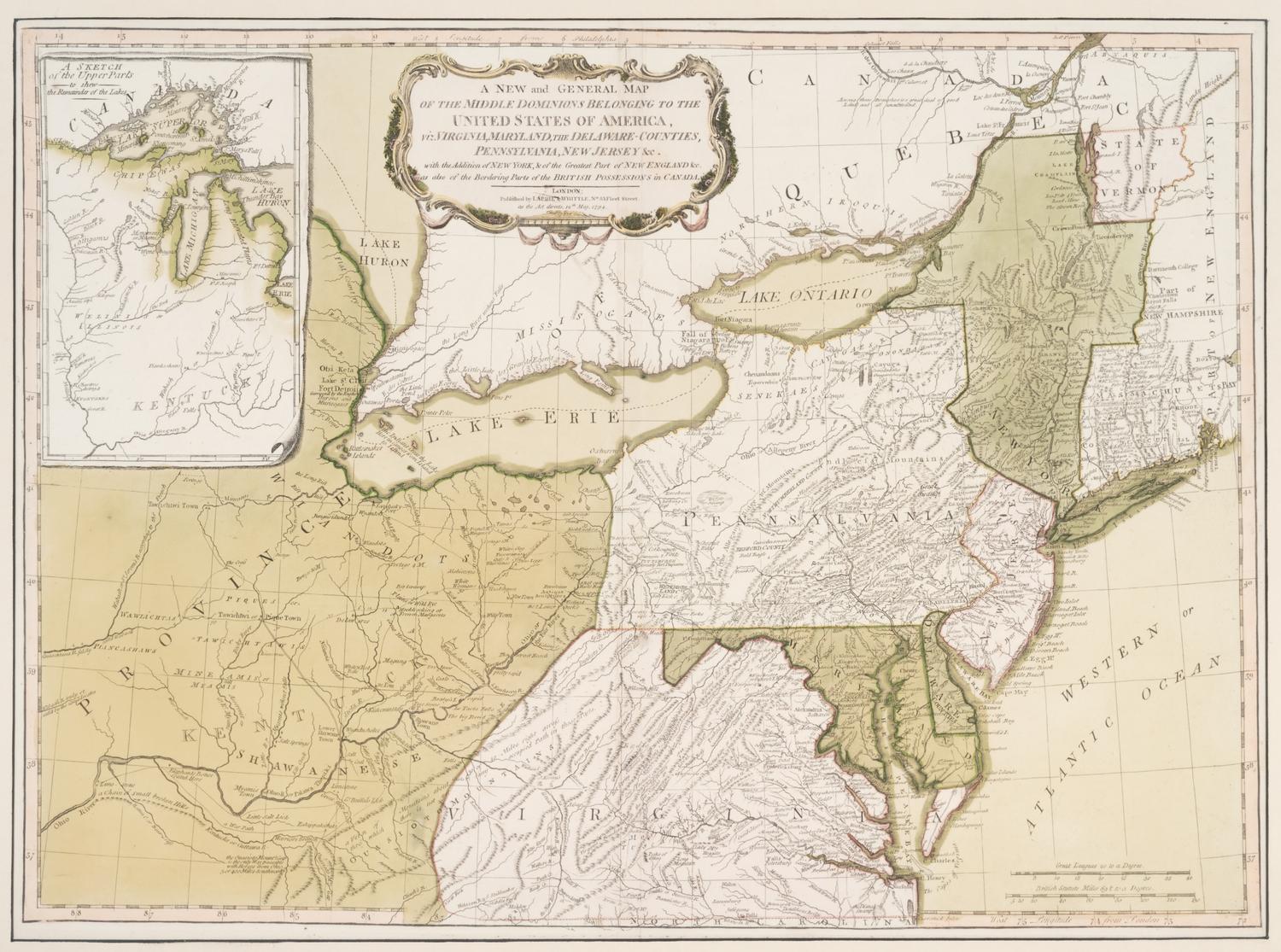 LAURIE, Robert (1755-1836) and James WHITTLE (d.1818). A New and General Map of the Middle Dominions Belonging to the United States of America, viz. Virginia, Maryland, the Delaware-Counties, Pennsylvania, New Jersey. With the Addition of New York, & of the Greatest Part of New England ... London: Laurie and Whittle, 1794.