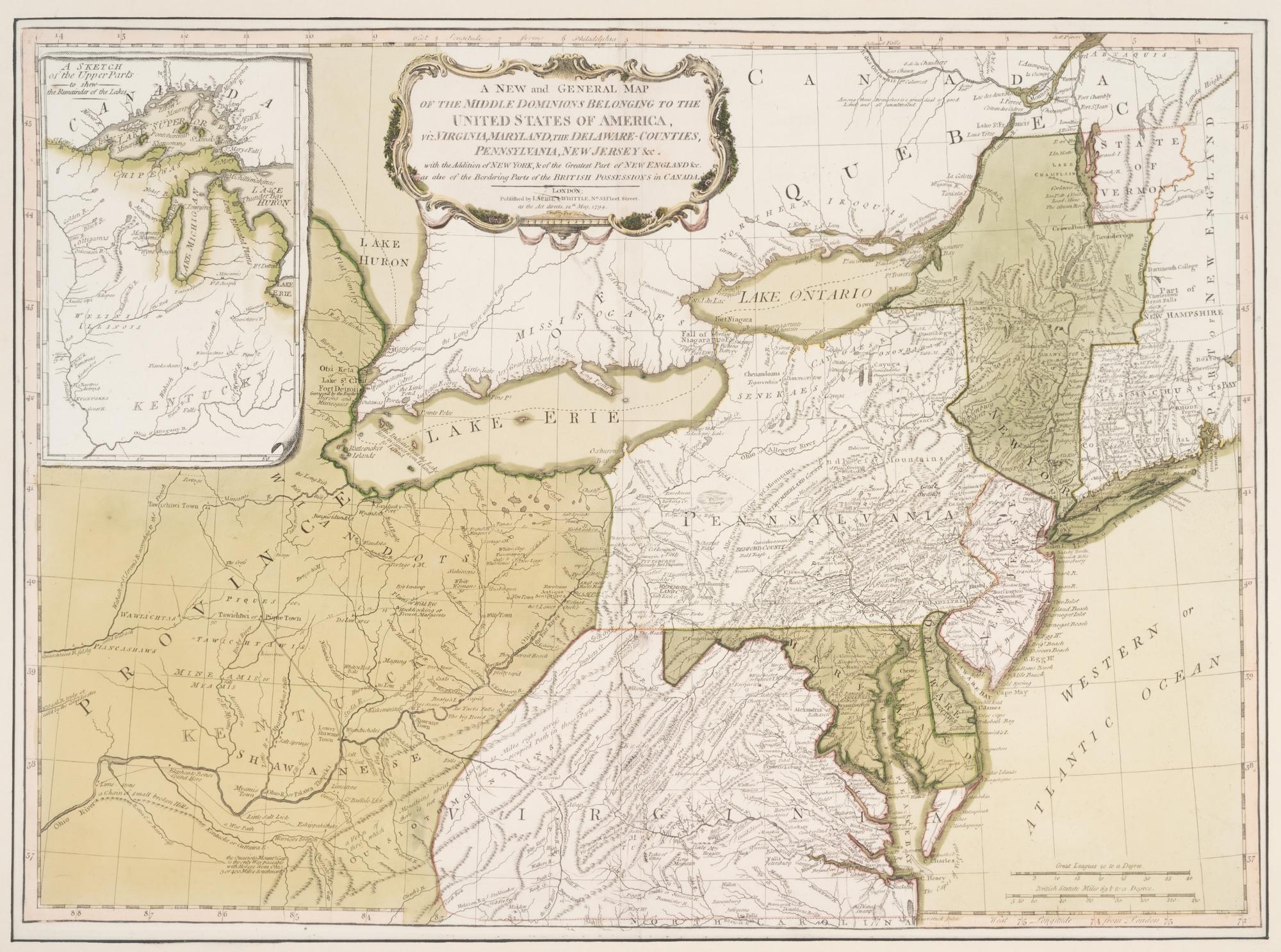 LAURIE, Robert (1755-1836) and James WHITTLE (d.1818). A New and General Map of the Middle Dominions Belonging to the United States of America, viz. Virginia, Maryland, the Delaware-Counties, Pennsylvania, New Jersey. With the Addition of New York, & of the Greatest Part of New England ... London: Laurie and Whittle, 1794.