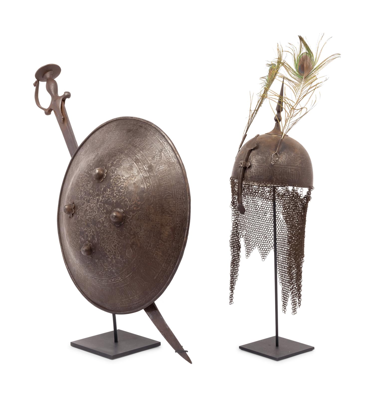 A Persian Khula Khud Helmet with Shield and Sword