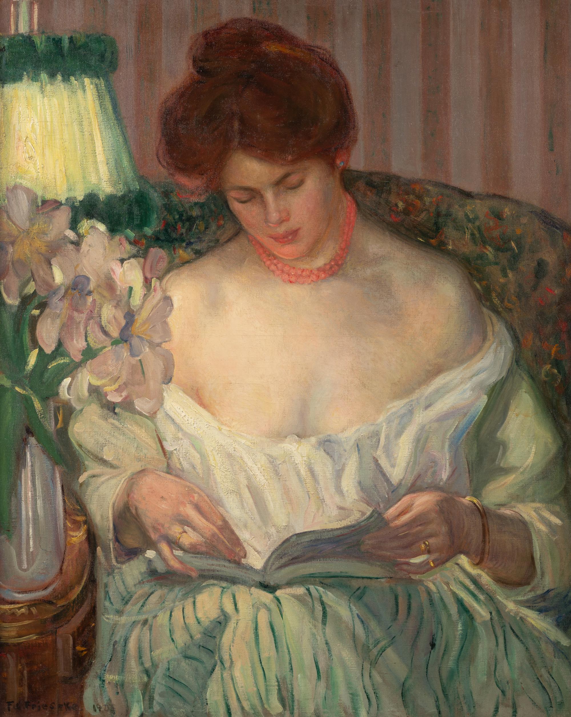 Woman Reading Beside a Lamp , by 1904
