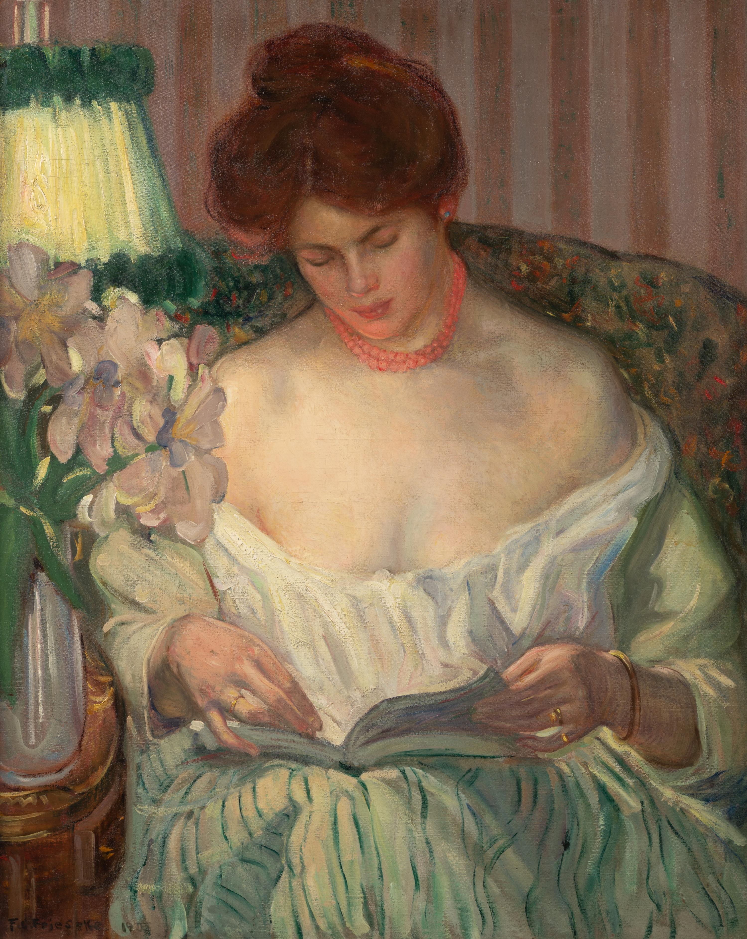 Woman Reading Beside a Lamp , by 1904