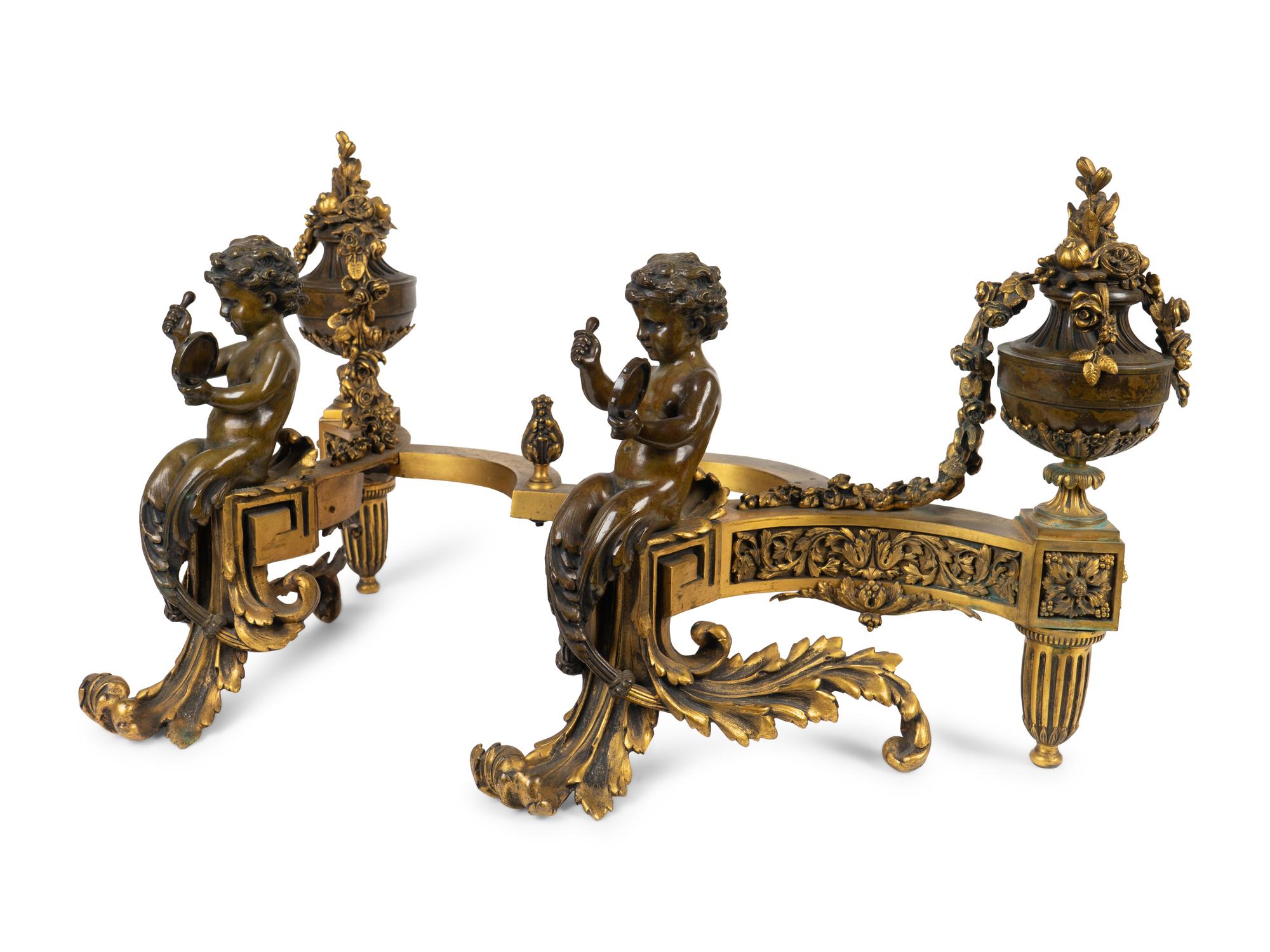 A Pair of Louis XV Style Bronze and Gilt Bronze Chenets — 19TH CENTURY