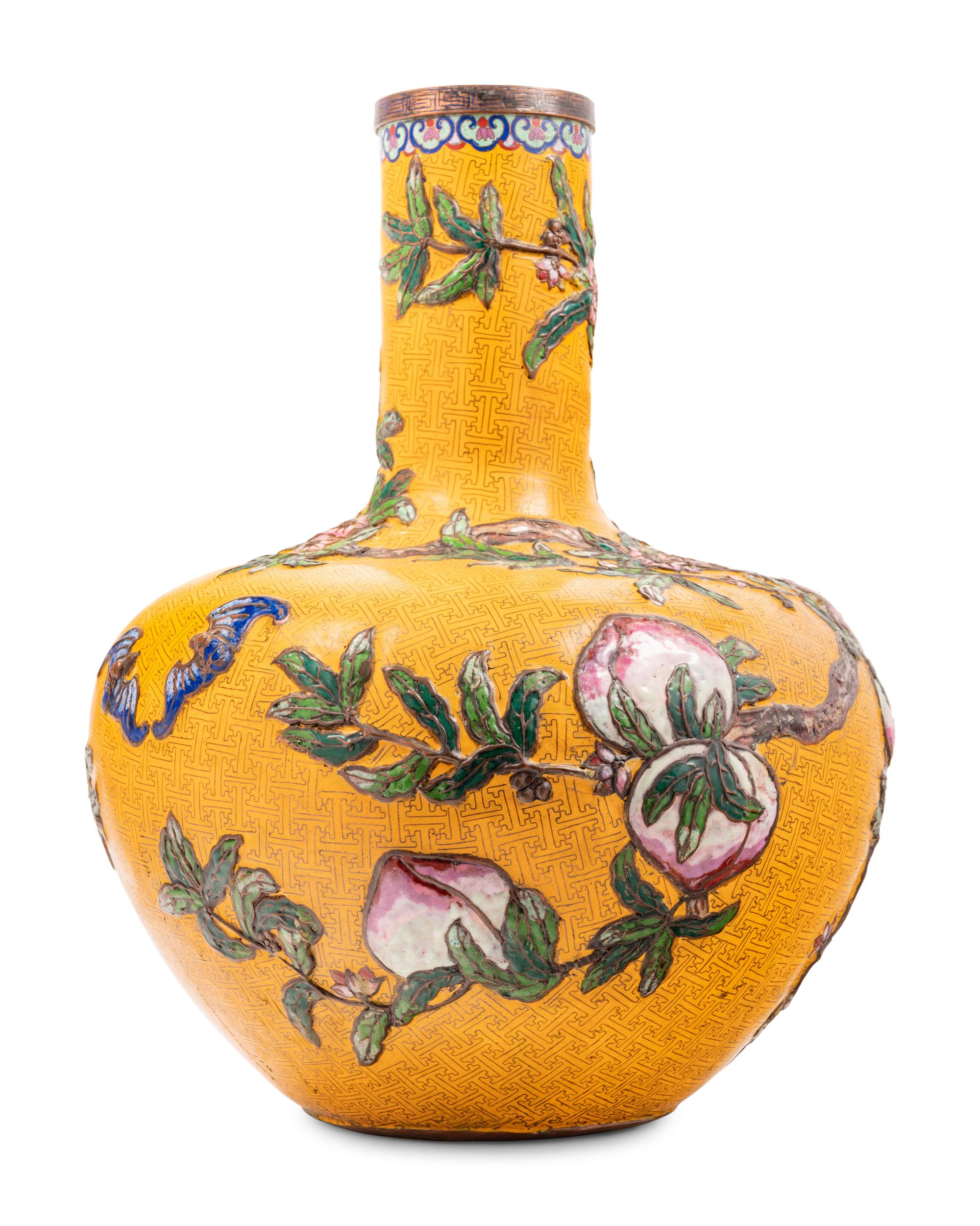 Three Large Chinese Yellow Ground Cloisonné Enamel Vases, Tianqiuping