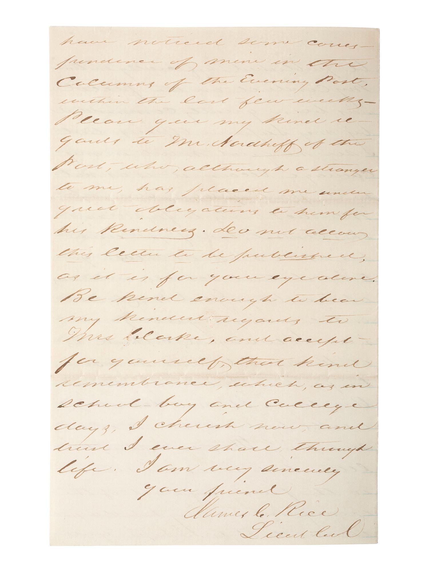 [CIVIL WAR]. General James C. Rice, KIA at Spotsylvania Court House. ALS describing the Battle of Hanover Court House. "Head Quarters 44th N.Y.V. Bivouac, New Bridge Va," 12 June 1862.