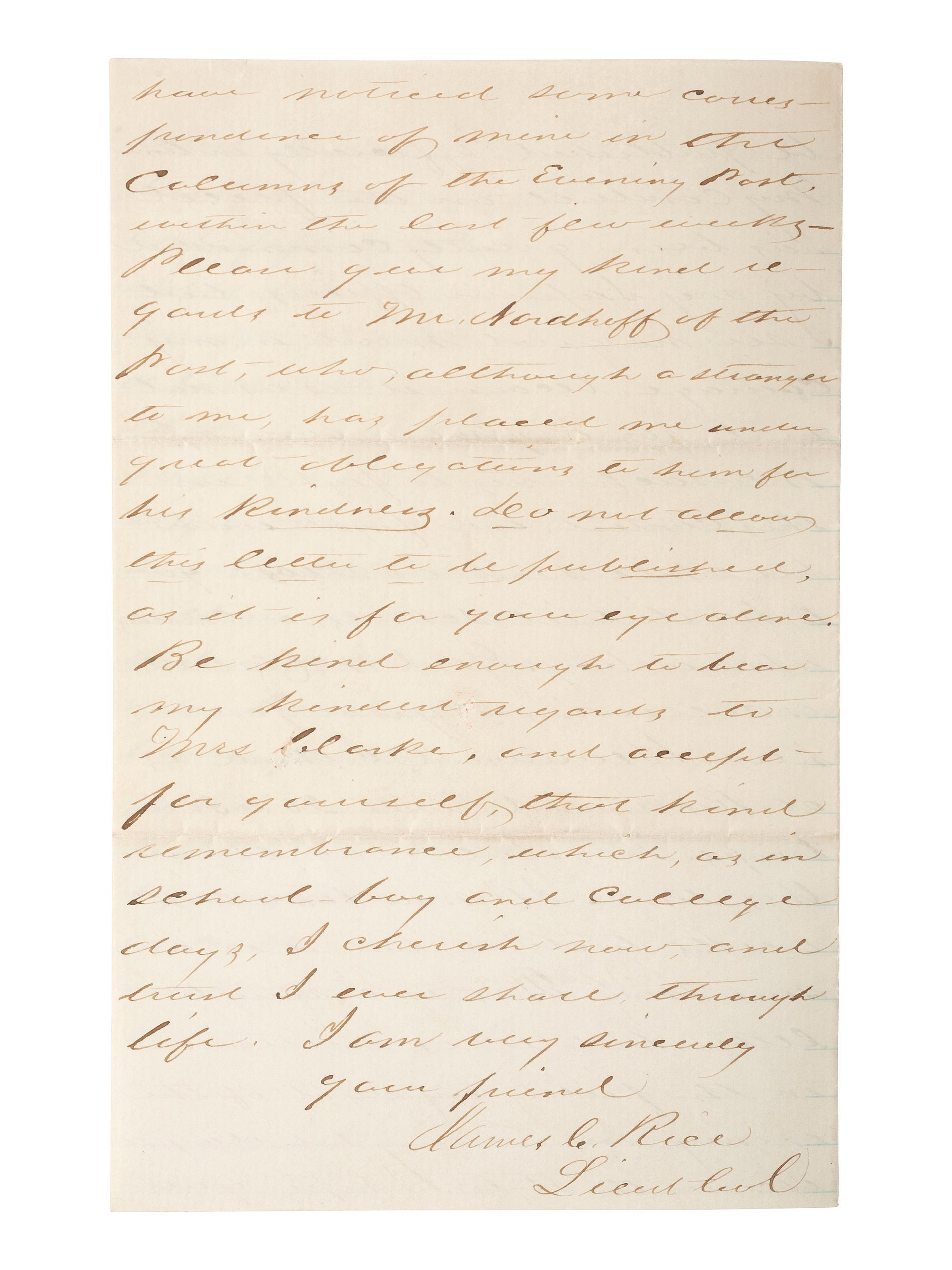 [CIVIL WAR]. General James C. Rice, KIA at Spotsylvania Court House. ALS describing the Battle of Hanover Court House. "Head Quarters 44th N.Y.V. Bivouac, New Bridge Va," 12 June 1862.