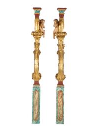 A Pair of Venetian Painted and Parcel Gilt Columns with Putti