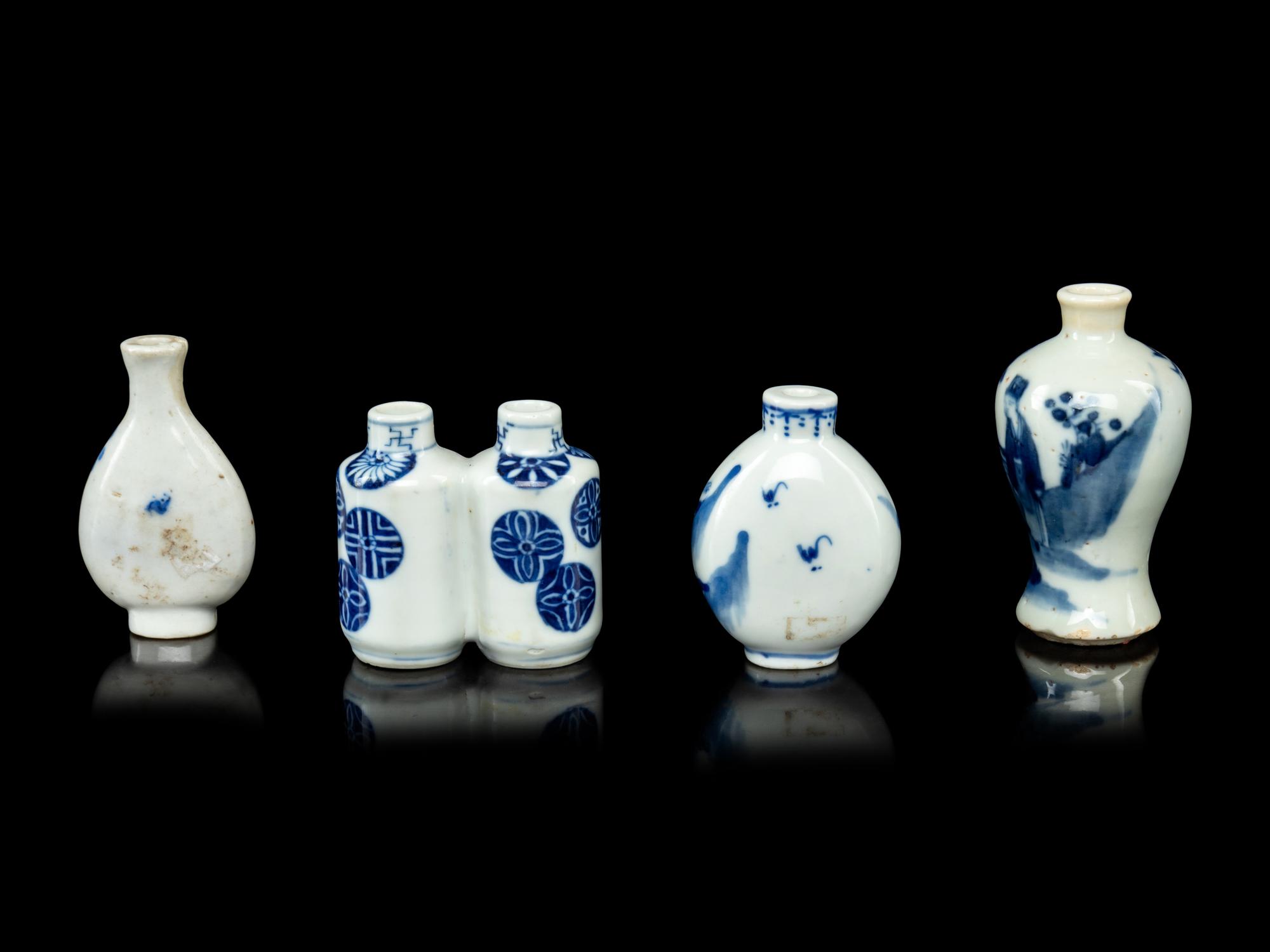 Four Chinese Blue and White Porcelain Snuff Bottles