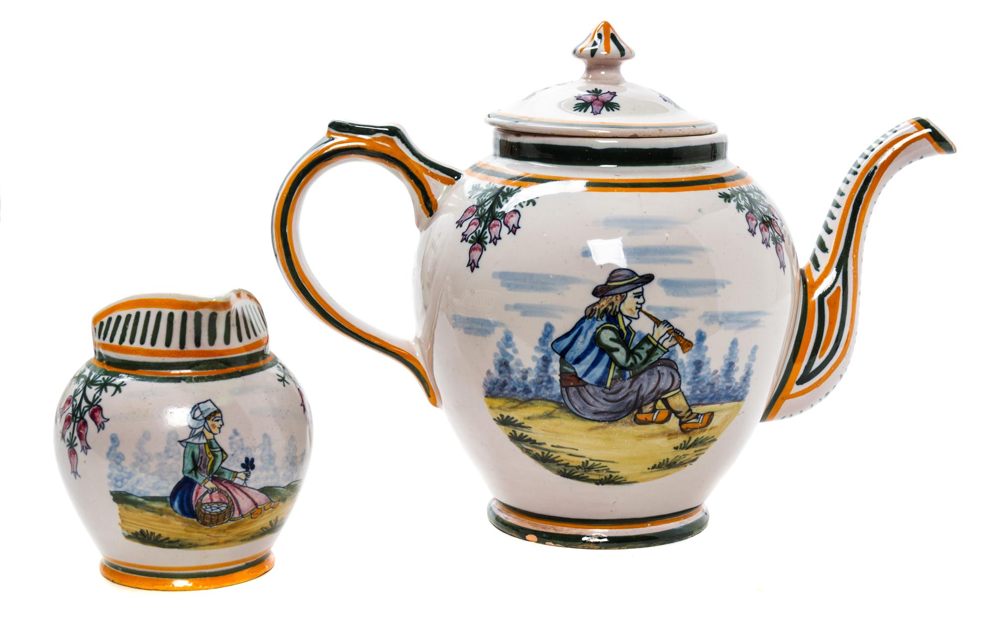 A Group of Four Quimper Tea Articles Height of coffee pot 8 1/2 inches.