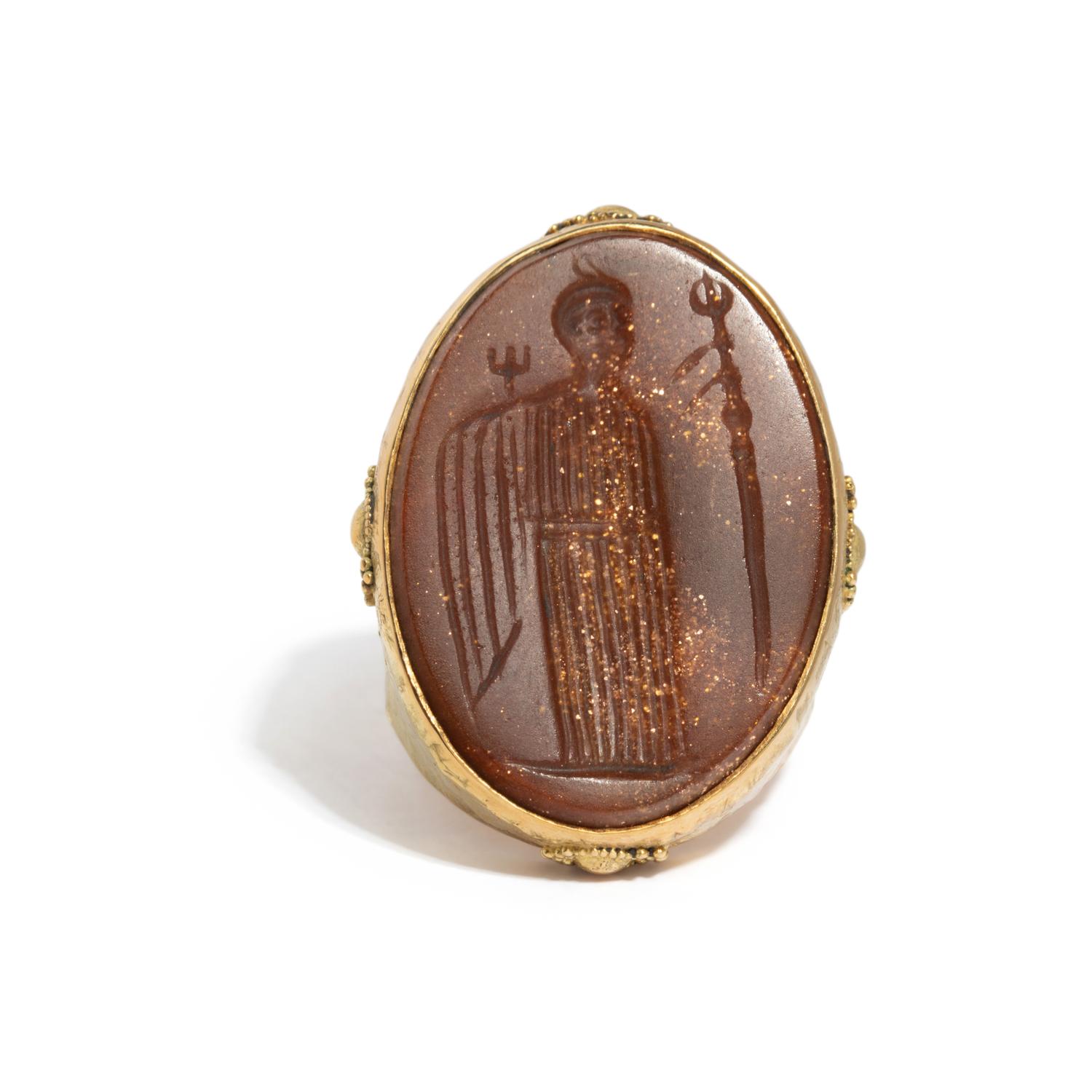 ED WIENER, YELLOW GOLD AND SUNSTONE INTAGLIO RING